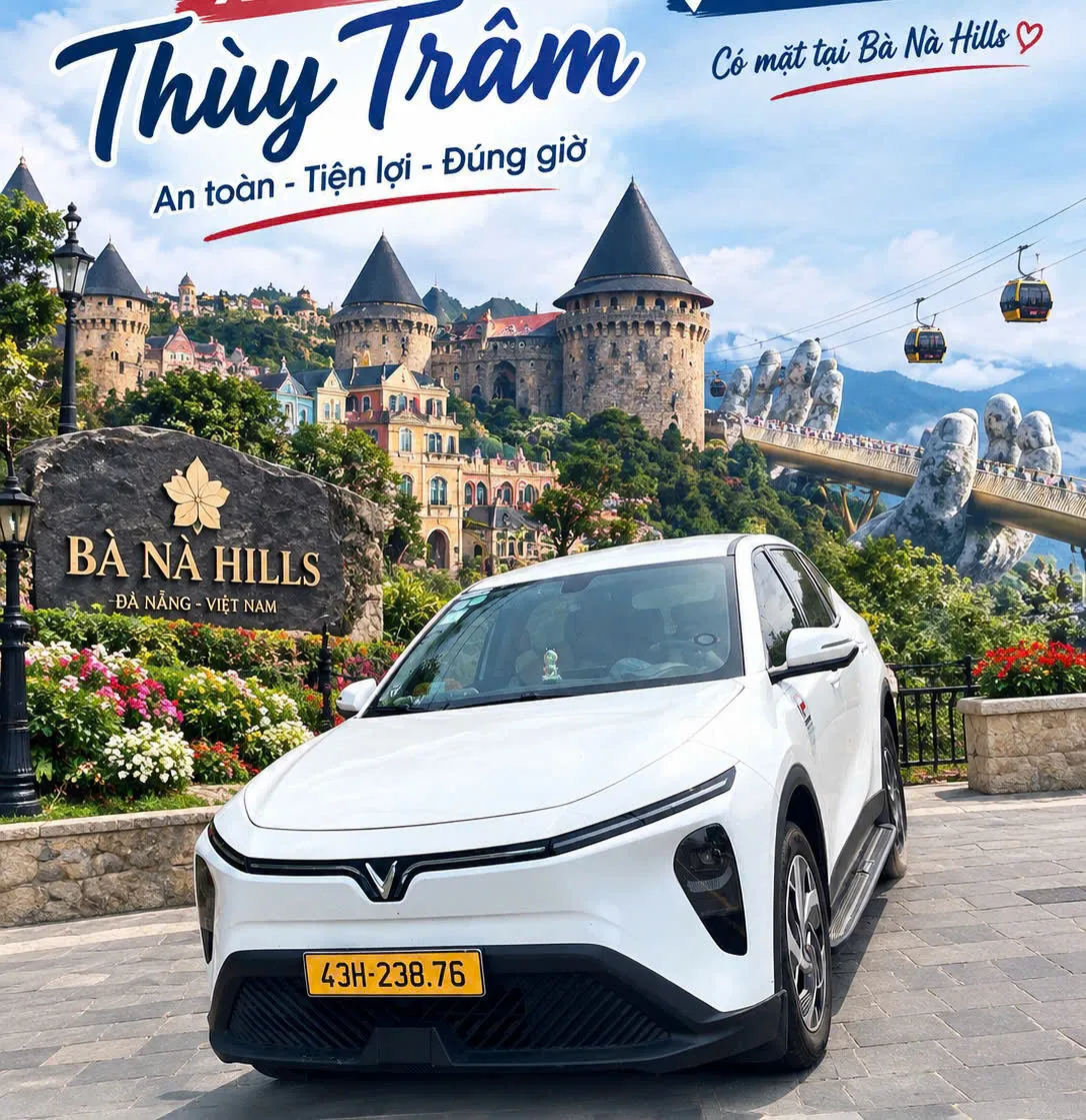 Xe VinFast 7 chỗ trắng của nhà xe Thuỳ Trâm tại Bà Nà Hills